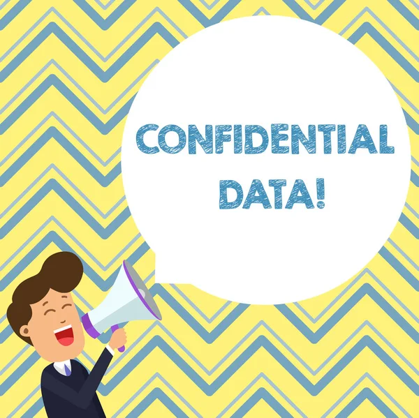 Conceptual hand writing showing Confidential Data. Business photo text information that is not available to the general public Young Man Shouting in Megaphone Floating Round Speech Bubble. — Stock Photo, Image