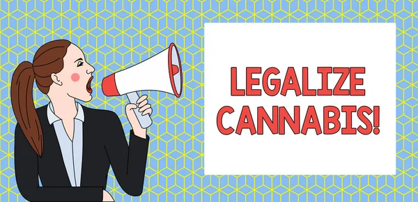 手書きテキストは合法化大麻を記述します。レクリエーション大麻の使用を合法化した概念を意味する法律全国の若い女性のジャケットポニーテールが Loudhailer の長方形のテキストボックスに叫ん. — ストック写真