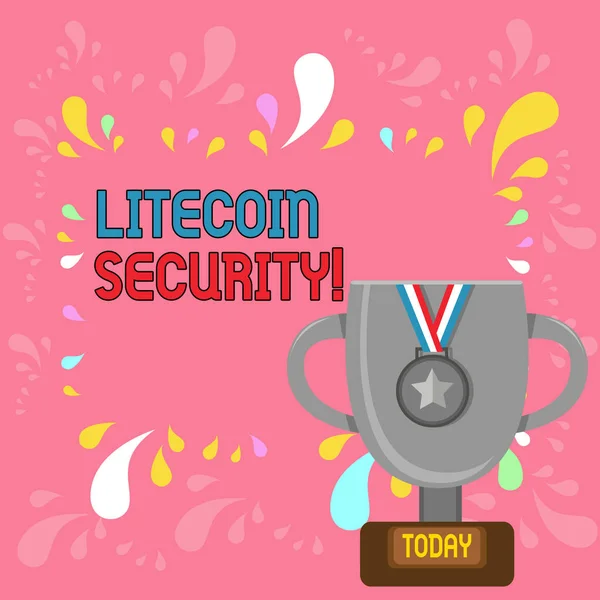 Word writing text Litecoin Security. Business concept for peertopeer cryptocurrency and opensource software Trophy Cup on Pedestal with Plaque Decorated by Medal with Striped Ribbon.