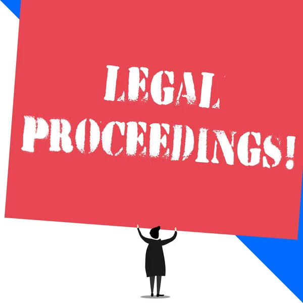 Conceptual hand writing showing Legal Proceedings. Business photo showcasing procedure instituted in a court of law to acquire benefit Standing short hair woman dress hands up holding rectangle.