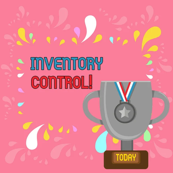 Word writing text Inventory Control. Business concept for regulating and maximising your company s is inventory Trophy Cup on Pedestal with Plaque Decorated by Medal with Striped Ribbon.