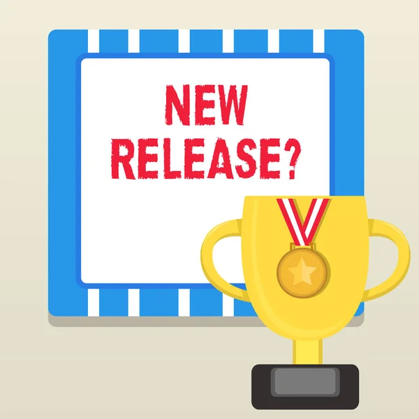 Word writing text New Release Question. Business concept for asking about recent product or service newly unleashed Trophy Cup on Pedestal with Plaque Decorated by Medal with Striped Ribbon.