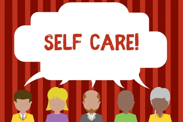 Conceptual hand writing showing Self Care. Business photo showcasing practice of taking action to preserve or improve ones own health Five different persons sharing speech bubble People talking. — Stock Photo, Image