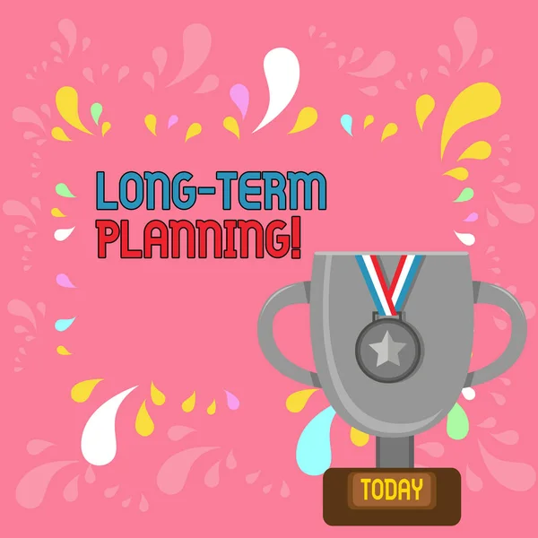 Word writing text Long Term Planning. Business concept for establishing goals that you expected to achieve Trophy Cup on Pedestal with Plaque Decorated by Medal with Striped Ribbon.