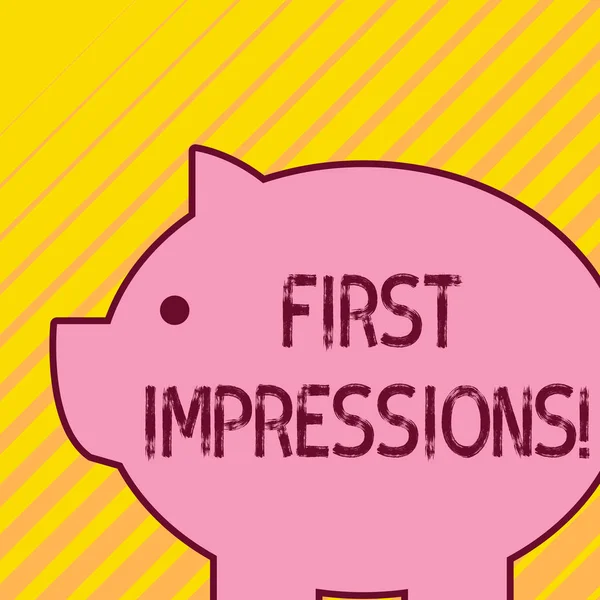 Writing note showing First Impressions. Business photo showcasing first consideration or judgment towards a demonstrating Fat huge pink pig plump like piggy bank with sharp ear and small eye.