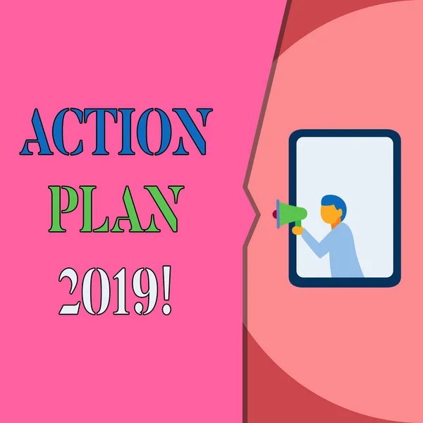 Word writing text Action Plan 2019. Business concept for proposed strategy or course of actions for current year Isolated geometrical background man chest holding megaphone speech bubble.