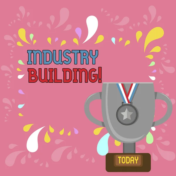 Word writing text Industry Building. Business concept for Factories and other premises used for analysisufacturing Trophy Cup on Pedestal with Plaque Decorated by Medal with Striped Ribbon.