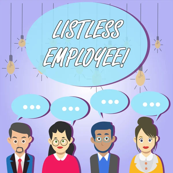 Listless 직원을 보여주는 메모를 작성 합니다. 3 개의 점으로 된 연설 거품을 가진 비즈니스 사람들의 그룹을 일 하는 에너지와 열정을 가진 직원을 보여주는 비즈니스 사진. — 스톡 사진