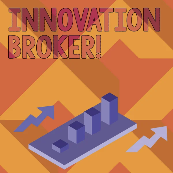 Pisanie notatki pokazano Broker innowacji. Prezentacja zdjęć biznesowych pomaga zmobilizować innowacje i zidentyfikować możliwości klastrowany wykres słupkowy 3D w perspektywie z dwiema strzałkami. — Zdjęcie stockowe