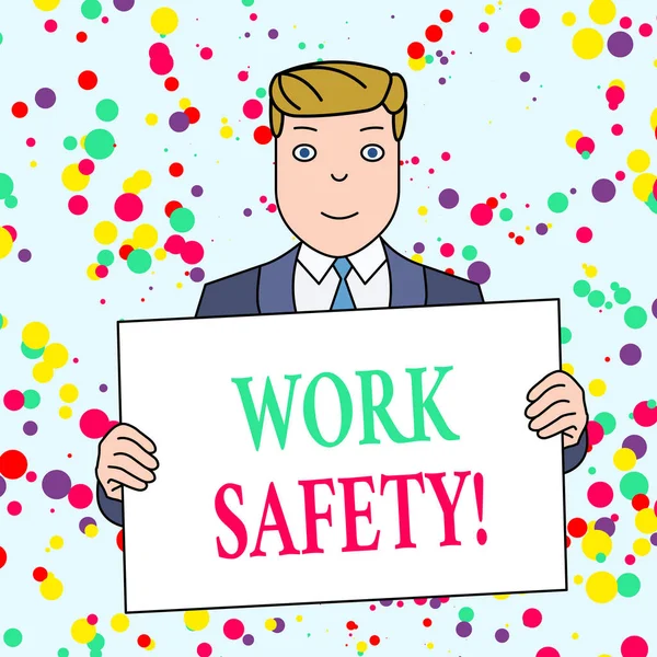 Text sign showing Work Safety. Conceptual photo policies and procedures in place to ensure health of employees Smiling Man Holding Formal Suit Big Blank Poster Board in Front of Himself.