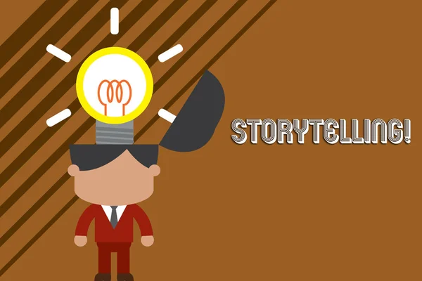 Texte montrant Storytelling. Activité photo conceptuelle rédaction d'histoires pour les publier au public Tenue homme réussie cravate surgissant brillantes solutions innovantes . — Photo