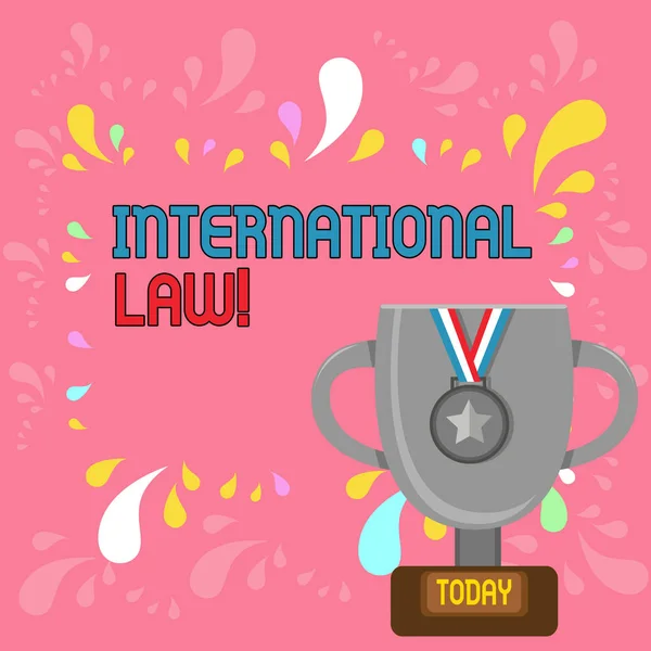 Word writing text International Law. Business concept for system of treaties and agreements between nations Trophy Cup on Pedestal with Plaque Decorated by Medal with Striped Ribbon.