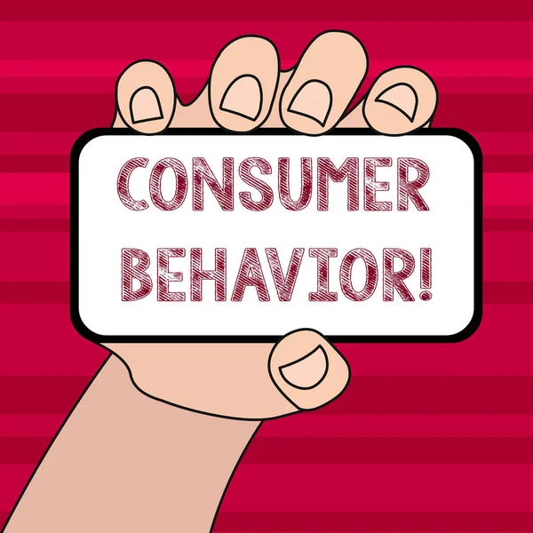 Conceptual hand writing showing Consumer Behavior. Business photo text study of how individual customers interacts with the brand Closeup of Smartphone in Hand with Blank Screen and Text Space.