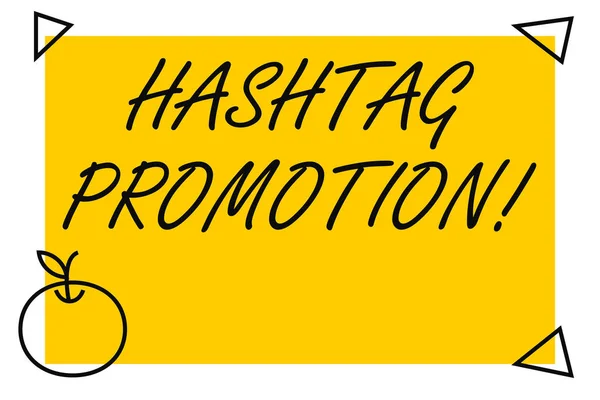 Почерк текста Hashtag Promotion. Концепция, означающая больше отображения может обнаружить и взаимодействовать с содержанием Изолированный желтый текстовый ящик баннер с 4 самоклеящихся один в форме Apple . — стоковое фото