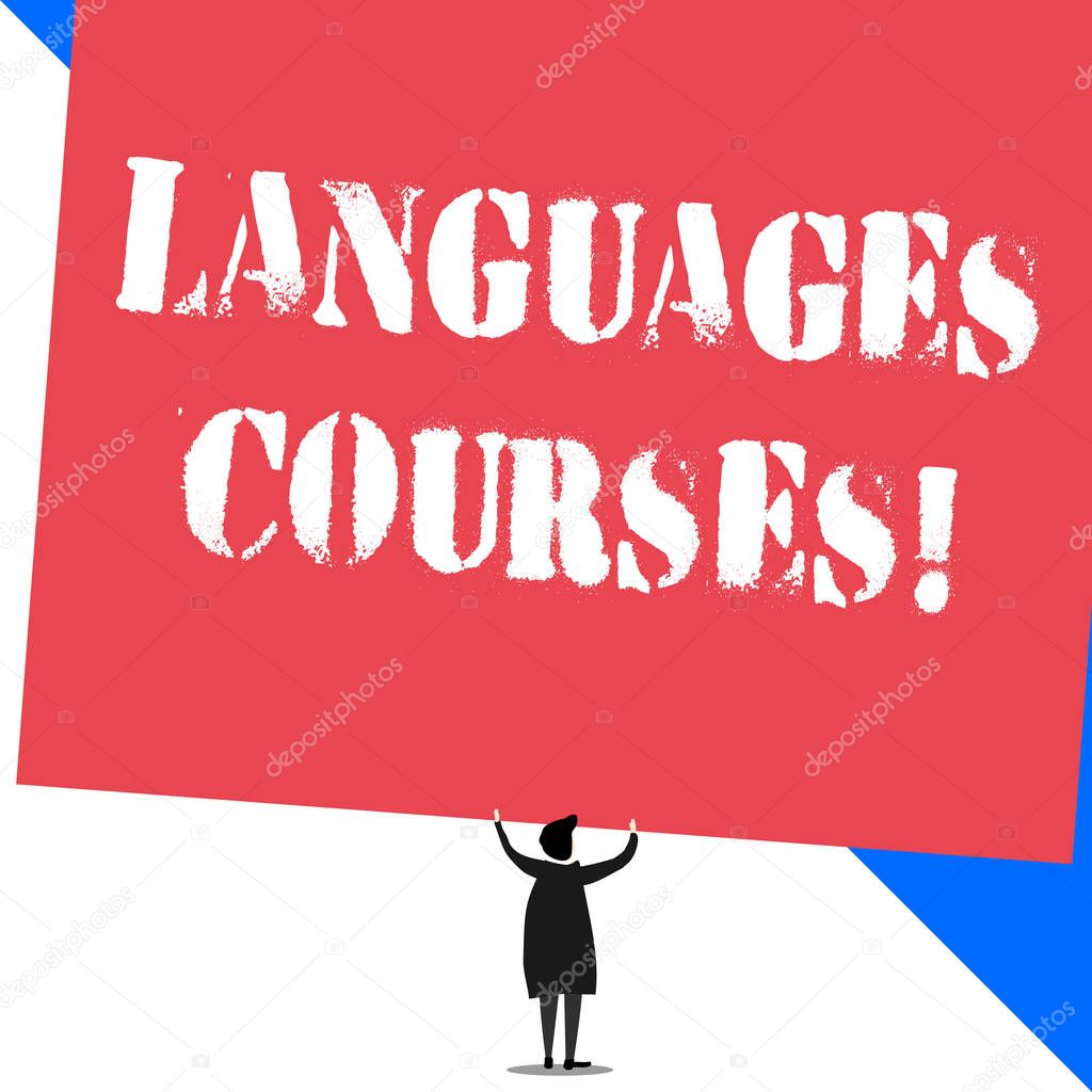 Conceptual hand writing showing Languages Courses. Business photo showcasing set of classes or a plan of study on a foreign language Standing short hair woman dress hands up holding rectangle.