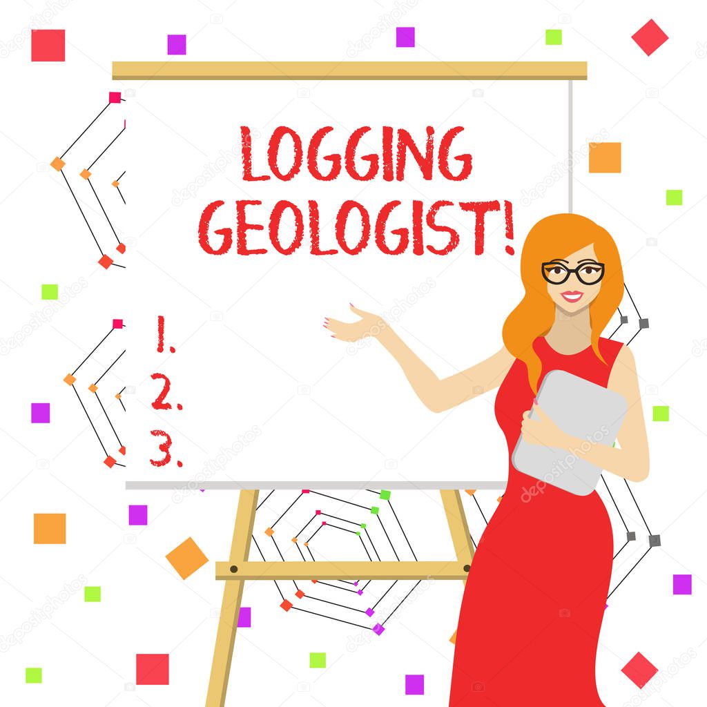 Word writing text Logging Geologist. Business concept for Layout and execution of definition diamond drill programs White Female in Glasses Standing by Blank Whiteboard on Stand Presentation.