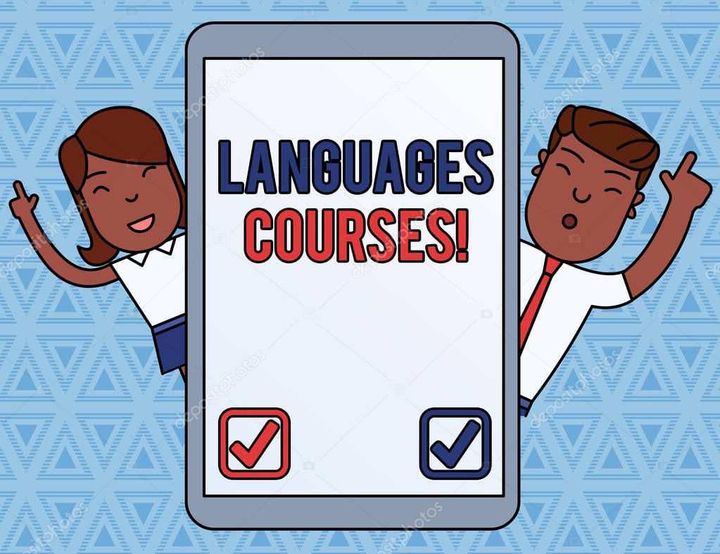 Handwriting text Languages Courses. Concept meaning set of classes or a plan of study on a foreign language Male and Female Index Fingers Up Touch Screen Tablet Smartphone Device.