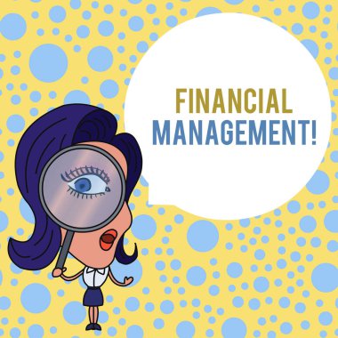 Word yazma metin finansal yönetim. Para ve fon yönetmek için etkili ve etkili bir yol için iş kavramı kadın görünümlü Trough büyüteç cam büyük göz boş yuvarlak konuşma kabarcık.