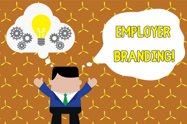 Текстовый знак, показывающий брендинг работодателя. Концептуальное фото продвижения компании работодатель выбор желаемой целевой группы Постоянный человек костюм руки воображаемый пузырь лампочки передач, работающих вместе
.