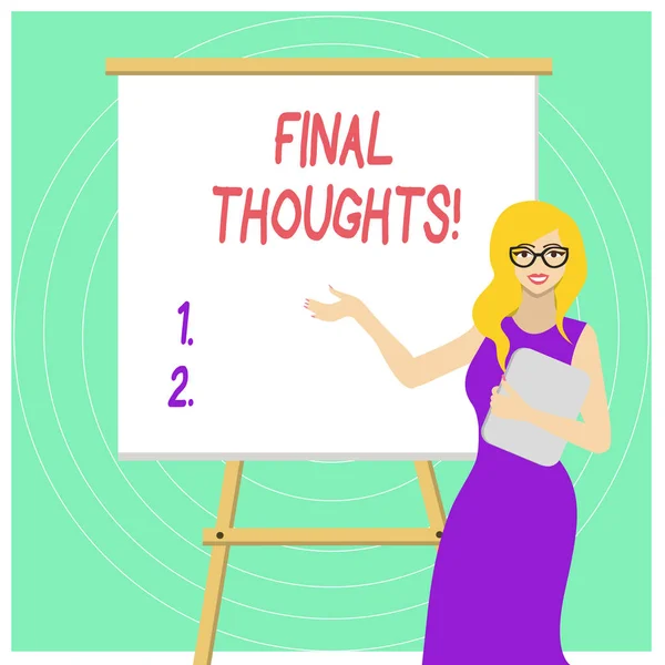 Testo calligrafico Pensieri finali. Il significato del concetto dovrebbe essere le ultime frasi nelle tue conclusioni White Female in Glasses Standing by Blank Whiteboard on Stand Presentation . — Foto Stock