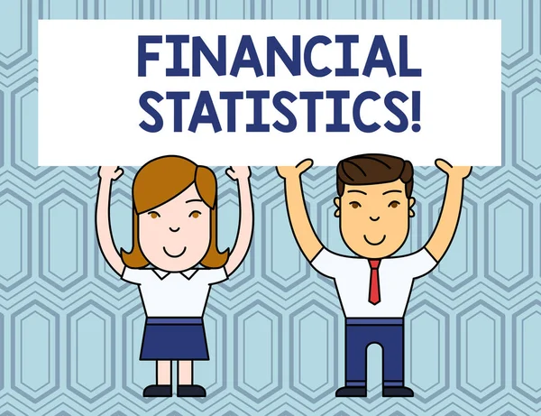 Textzeichen mit Finanzstatistiken. konzeptionelles Foto umfassender Bestands- und Strömungsdaten eines Unternehmens, zwei lächelnde Menschen, die mit beiden Händen große leere Plakatwände über dem Kopf halten. — Stockfoto