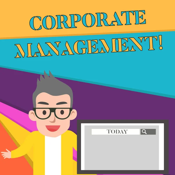 Word writing text Corporate Management. Business concept for all Levels of Managerial Personnel and Excutives Male Speaker Monitor with Search Tool on Screen Presentation or Report. — Stock Photo, Image