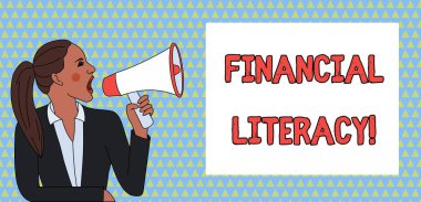 Word yazılı metin mali okuryazarlık. İş konsepti için anlamak ve para nasıl çalıştığını bilgili genç kadın ceket Ponytail loudhailer içine çığlık dikdörtgen metin kutusu.