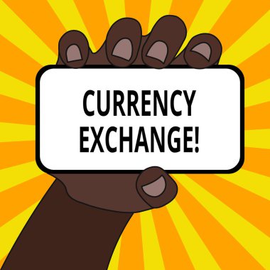 Metin döviz değişimi Word yazma. Bir para birimini başka bir Forex closeup içine değiştirme süreci için iş kavramı akıllı telefon cihaz boş ekran ve metin alanı ile el Held.