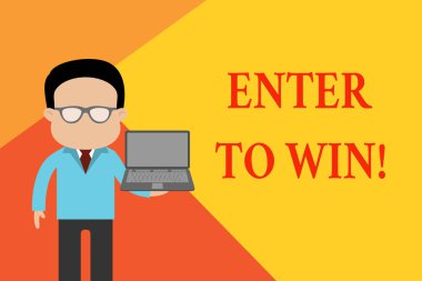 El yazısı metni Win 'e gir. Kavram anlamı değişimi bir şey değeri ödül kazanma Ödülü için ödül kazanan gözlük tutarak açık laptop fotoğraf sanatı tutan takım.