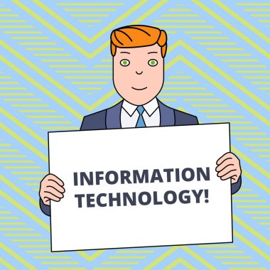 Bilgi teknolojisi gösteren metin işareti. Kavramsal fotoğraf kullanım sistemleri saklamak için alma Iletme veri gönderme gülümseyen adam Holding resmi Suit büyük boş poster kurulu kendisi önünde.