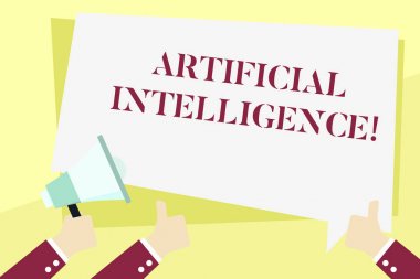 Word yazma metin yapay zeka. İş kavramı için makine kopyası bilişsel fonksiyon gibi problem çözme el Holding megafon ve diğer Iki Gesturing thumbs yukarı ile metin balon.