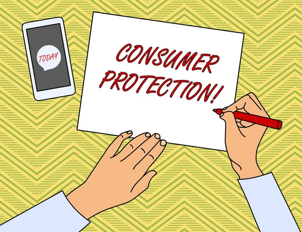 显示消费者保护的书写记录。展示公平贸易法以确保消费者权益保护的商业照片顶级视图人书写笔智能手机信息图标. — 图库照片