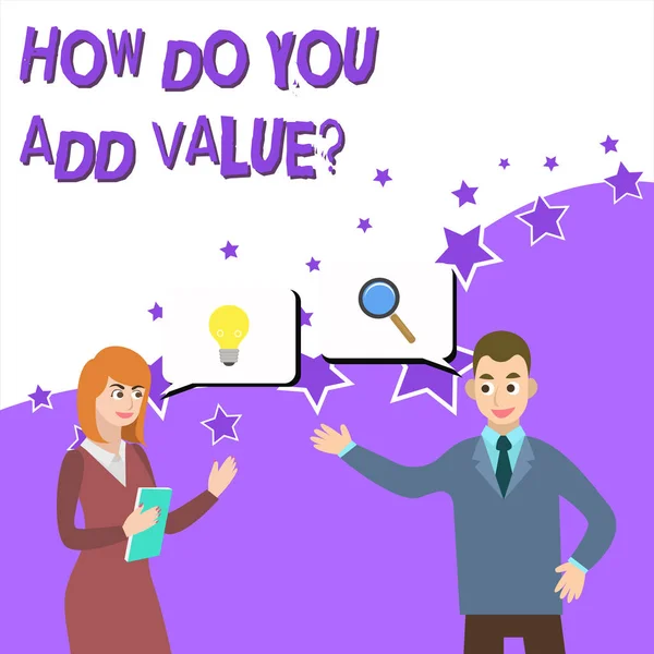 Teks menulis kata How Do You Add Value Question. Konsep bisnis untuk meningkatkan kerja melakukan proses produksi Business Partners Colleagues Bersama-sama Mencari Solusi Masalah menghasilkan ide-ide . — Stok Foto