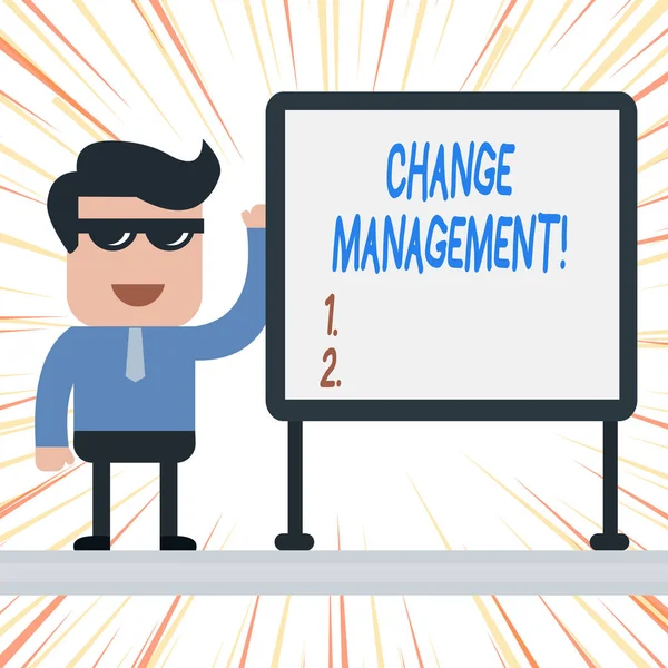Handwriting text Change Management. Concept meaning Replacement of leadership in an organization New Policies Businessman Office Worker Sunglasses Blank Whiteboard Meeting Presentation. — Stock Photo, Image