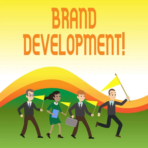 Writing note showing Brand Development. Business photo showcasing Defining the product to excel in the market Promoting Crowd Flags Headed by Leader Running Demonstration Meeting.