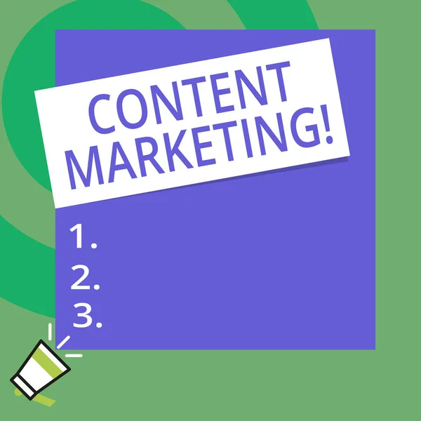 Conceptual hand writing showing Content Marketing. Business photo text Involves the creation and sharing of online material Big Square rectangle stick above small megaphone left down corner. — Stock Photo, Image