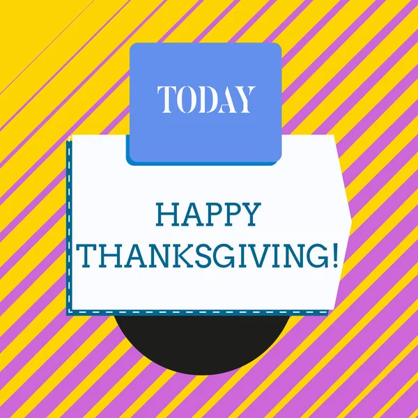 Conceptual hand writing showing Happy Thanksgiving. Business photo showcasing Harvest Festival National holiday celebrated in November Electronic device with non symmetrical triangle for printing.