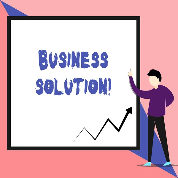 Text sign showing Business Solution. Conceptual photo Services that include strategic planning and evaluation View young man standing pointing up blank rectangle Geometric background. — Stock Photo, Image