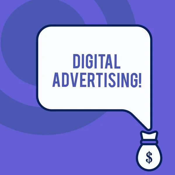 Writing note showing Digital Advertising. Business photo showcasing Online Marketing Deliver Promotional Messages Campaign Front view speech bubble pointing down dollar USD money.