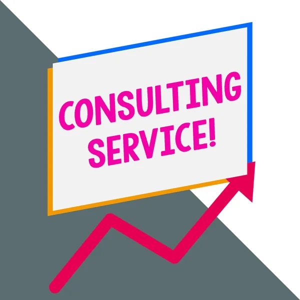 Conceptueel hand schrijven toont consulting service. Business Photo presentatie van deskundigen die kennis biedt aan een derde partij voor een vergoeding lege rechthoek boven een andere pijl zigzag naar boven te koop. — Stockfoto