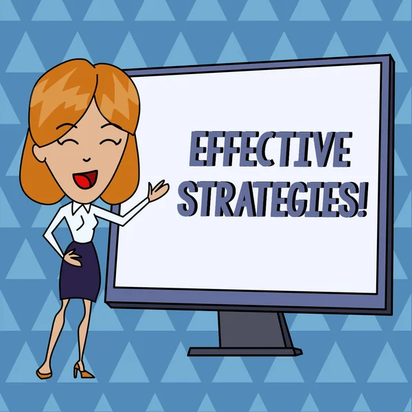 Text sign showing Effective Strategies. Conceptual photo Sound Tactical Scheme Powerful Operational Decisions White Female in Standing Pointing Blank Screen Whiteboard Presentation.