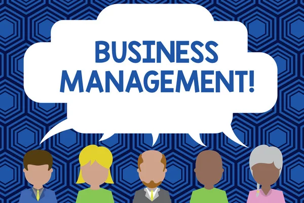 Text sign showing Business Management. Conceptual photo Overseeing Supervising Coordinating Business Operations Five different races persons sharing blank speech bubble. People talking. — Stock Photo, Image