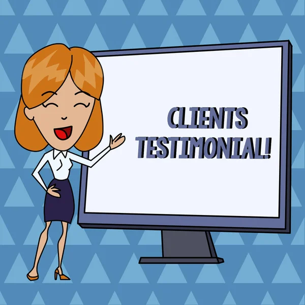 Text sign showing Clients Testimonial. Conceptual photo Formal Statement Testifying Candid Endorsement by Others White Female in Standing Pointing Blank Screen Whiteboard Presentation.