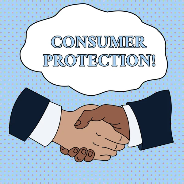 Word szövegírás fogyasztóvédelem. Üzleti koncepció a méltányos kereskedelem törvényei, hogy biztosítsák a fogyasztók jogainak védelme kézi Shake Multifaji férfi üzleti partnerek kollégák formális póló suit. — Stock Fotó