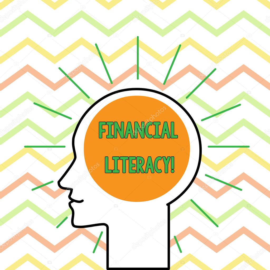 Conceptual hand writing showing Financial Literacy. Business photo text Understand and knowledgeable on how money works Outline Silhouette Human Head Surrounded by Light Rays Blank.