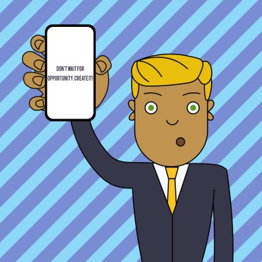 Metin işareti gösterme Don T fırsat Için bekleyin oluşturun. kavramsal fotoğraf kendiniz üzerinde çalışmak ve bu andan itibaren başlamak adam Holding dikey akıllı telefon cihazı boş ekran ile dikkat.