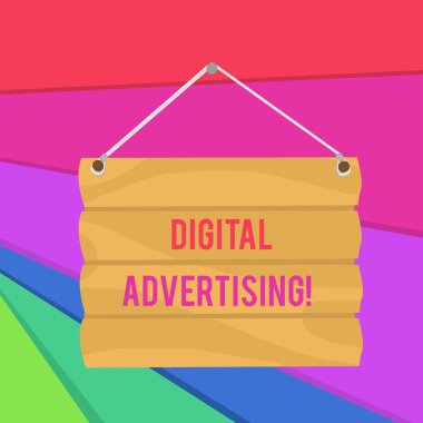 Kelime metin dijital reklam yazma. Online pazarlama için iş kavramı promosyon mesajlar kampanya kanca kadar boş Işareti plaka sunun. Hang için Lope ile boş ahşap tabela.