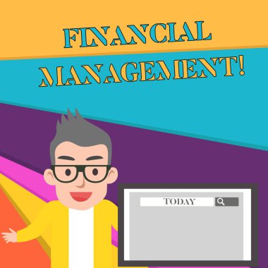 Word yazma metin finansal yönetim. Para ve fon yönetmek için etkili ve etkili bir yol için iş kavramı ekran sunum veya rapor üzerinde arama aracı ile erkek hoparlör monitörü.