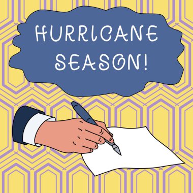 Kasırga sezonu yazma el yazısı metin. Konsept anlam zaman en tropikal siklonlar geliştirmek için bekleniyor erkek el resmi Suit Holding ballpoint kalem boş parça kağıt yazma.