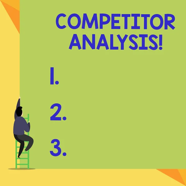 Writing note showing Competitor Analysis. Business photo showcasing Determine the Strength Weakness of Competitive Market Back view Man climbing up staircase ladder lying big blank rectangle.